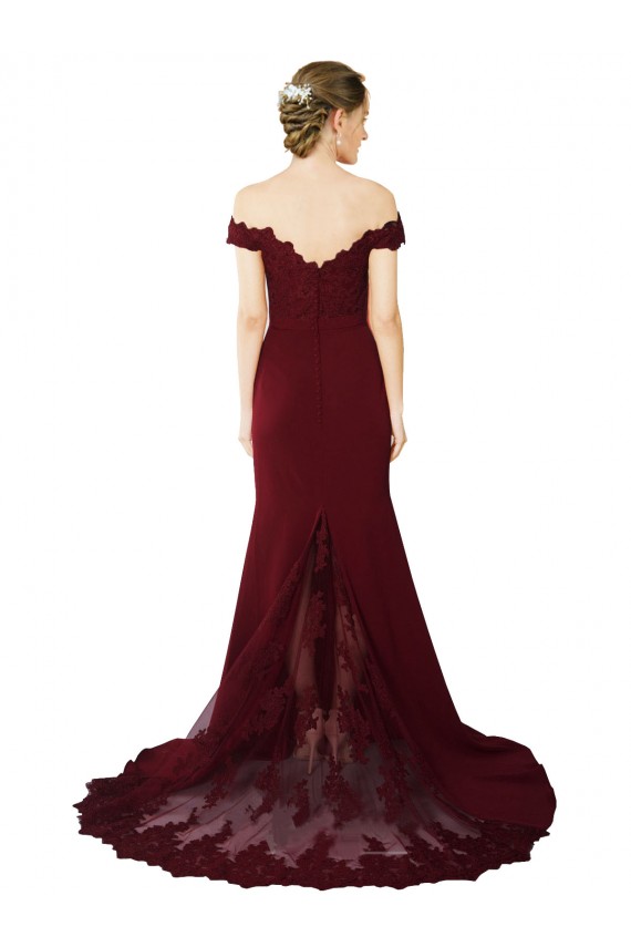 Borgoña oscuro Sirena Hombros Descubiertos Barrer tren Crepé Elástico Encaje Largo Formales Vestidos de dama de honor / Vestidos de fiesta Al Por Mayor