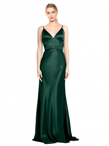 Cazador Verde Cubierta Tirantes espagueti Cuello en V Cuello Alto Satén elástico Largo Formales Vestidos de dama de honor / Vestidos de fiesta Al Por Mayor