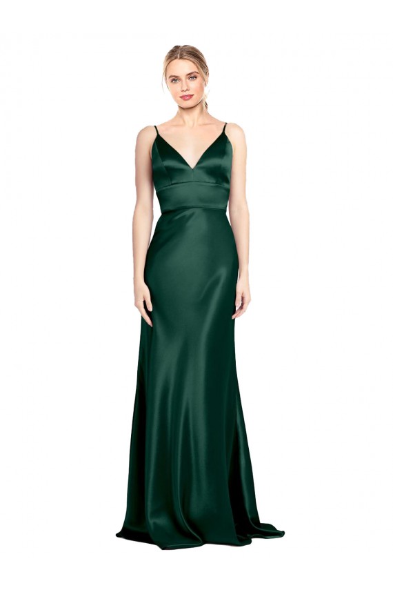 Cazador Verde Cubierta Tirantes espagueti Cuello en V Cuello Alto Satén elástico Largo Formales Vestidos de dama de honor / Vestidos de fiesta Al Por Mayor