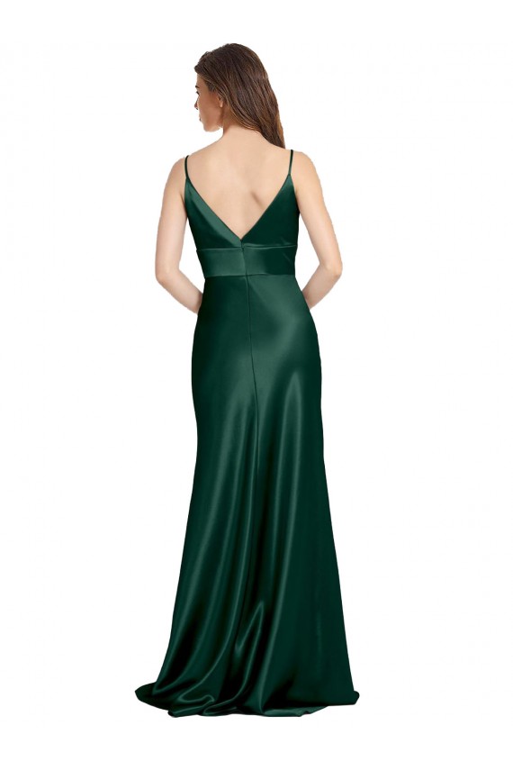 Cazador Verde Cubierta Tirantes espagueti Cuello en V Cuello Alto Satén elástico Largo Formales Vestidos de dama de honor / Vestidos de fiesta Al Por Mayor