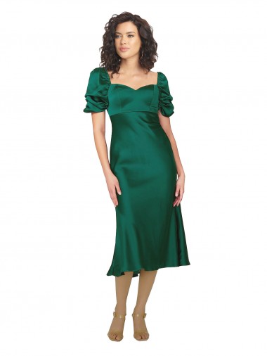 Cazador Verde línea A Cuello de Corazón Midi Satén sedoso Corto Formales Vestidos de dama de honor / Vestidos de fiesta Al Por Mayor