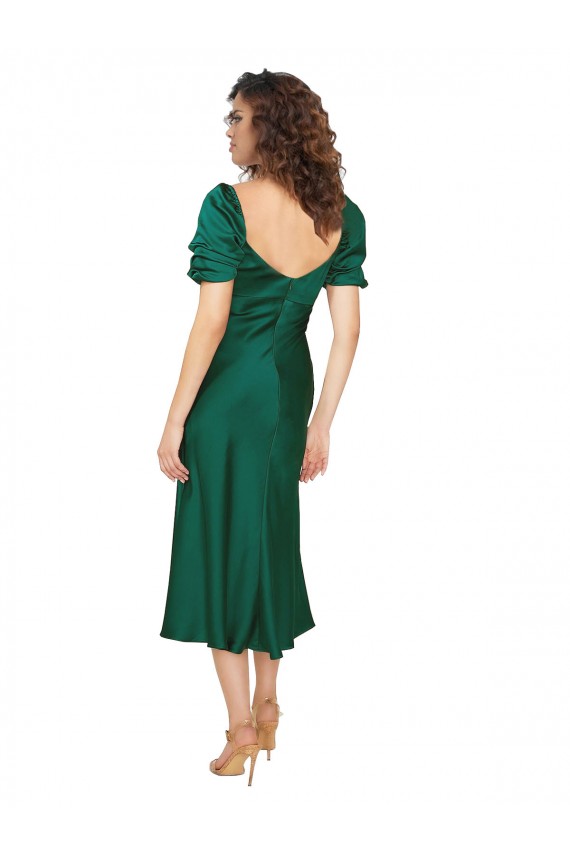 Cazador Verde línea A Cuello de Corazón Midi Satén sedoso Corto Formales Vestidos de dama de honor / Vestidos de fiesta Al Por Mayor