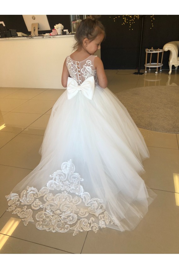 Champán Cuello de Corazón Cola capilla Tul Encaje Largo vestidos de niña de las flores Al Por Mayor