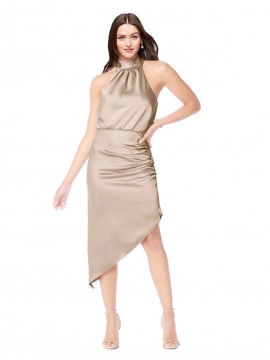 Champán Rosa línea A Halter Midi Satén sedoso Corto Asimétrico Vestidos de dama de honor / Vestidos de fiesta / Vestidos de cóctel / Vestidos para homecoming Al Por Mayor