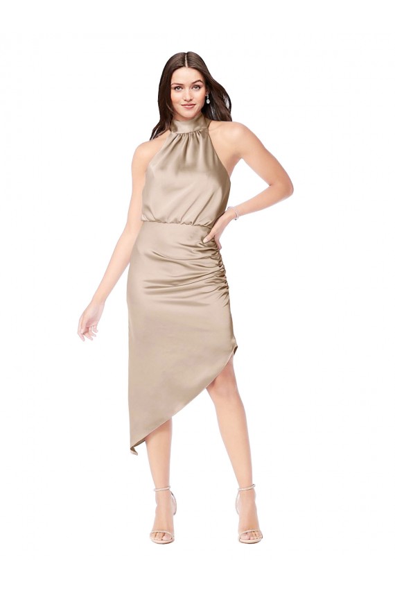 Champán Rosa línea A Halter Midi Satén sedoso Corto Asimétrico Vestidos de dama de honor / Vestidos de fiesta / Vestidos de cóctel / Vestidos para homecoming Al Por Mayor