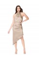 Champán Rosa línea A Halter Midi Satén sedoso Corto Asimétrico Vestidos de dama de honor / Vestidos de fiesta / Vestidos de cóctel / Vestidos para homecoming Al Por Mayor