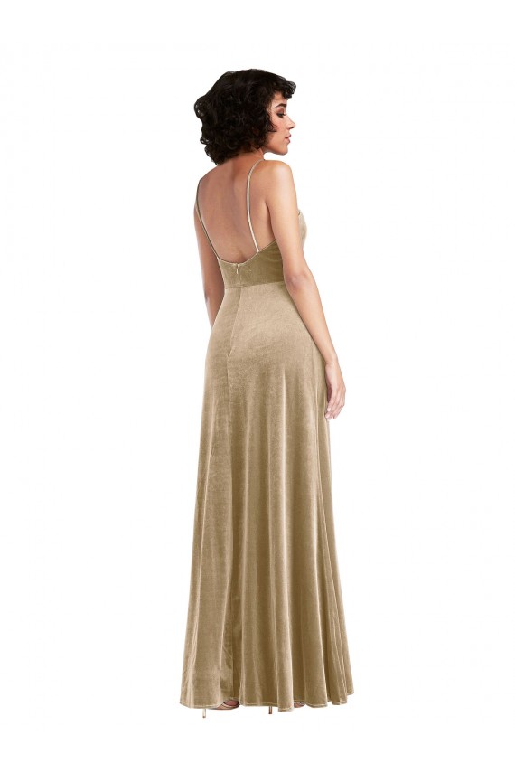 Champán línea A Cuadrado Terciopelo Elástico Largo Formales Vestidos de dama de honor / Vestidos de fiesta Al Por Mayor