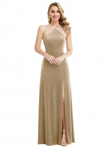 Champán línea A Halter Cuello Alto Terciopelo Elástico Largo Vestidos de dama de honor / Vestidos de fiesta Al Por Mayor