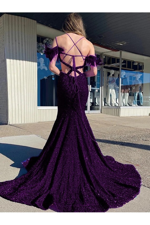 Ciruela Cubierta Tirantes espagueti Cuello en V Cola corte Lentejuelas Terciopelo Largo Vestidos de fiesta Al Por Mayor