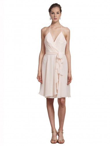 Crema Rosa línea A Halter Cuello en V Gasa Corto Vestidos de dama de honor / Vestidos de cóctel / Vestidos para homecoming Al Por Mayor