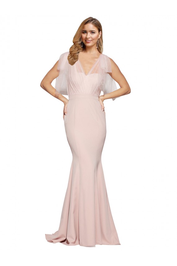 Cubierta Cuello de Corazón Crepé Elástico Tul Largo Formales Vestidos de dama de honor / Vestidos de fiesta Al Por Mayor