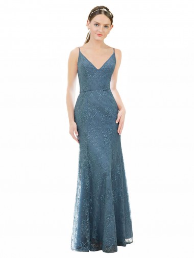 Cubierta Tirantes espagueti Cuello en V Encaje Largo Vestidos de dama de honor Al Por Mayor
