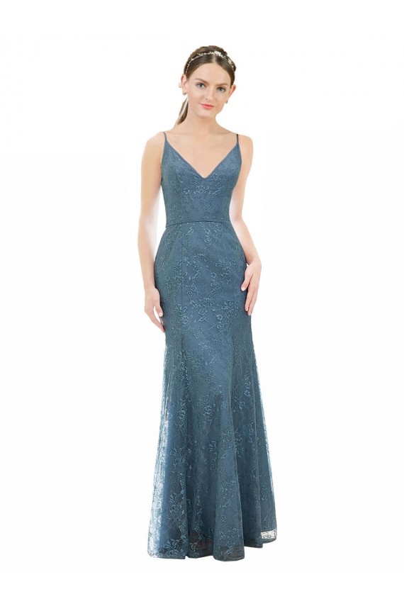 Cubierta Tirantes espagueti Cuello en V Encaje Largo Vestidos de dama de honor Al Por Mayor
