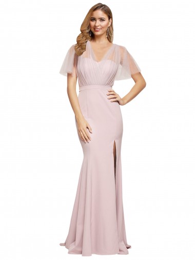 Cubierta Un Hombre Cuello de Corazón Crepé Elástico Tul Largo Formales Vestidos de dama de honor / Vestidos de fiesta Al Por Mayor