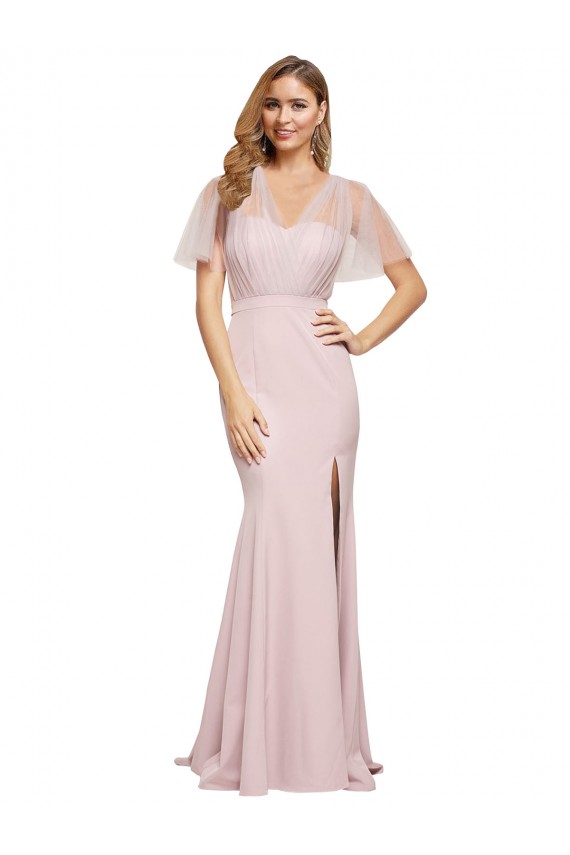 Cubierta Un Hombre Cuello de Corazón Crepé Elástico Tul Largo Formales Vestidos de dama de honor / Vestidos de fiesta Al Por Mayor