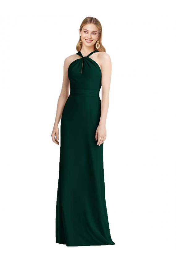 Evergreen Trompeta Halter Gasa Largo Vestidos de dama de honor Al Por Mayor