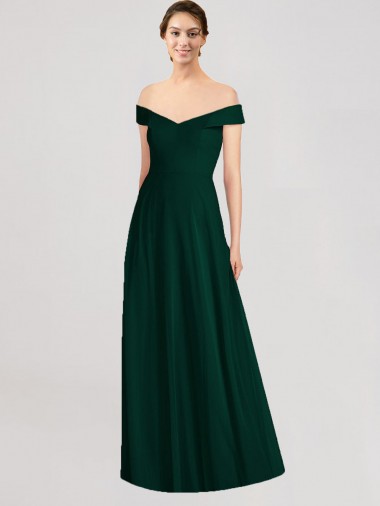 Evergreen línea A Hombros Descubiertos Cuello en V Gasa Largo Vestidos de dama de honor Al Por Mayor