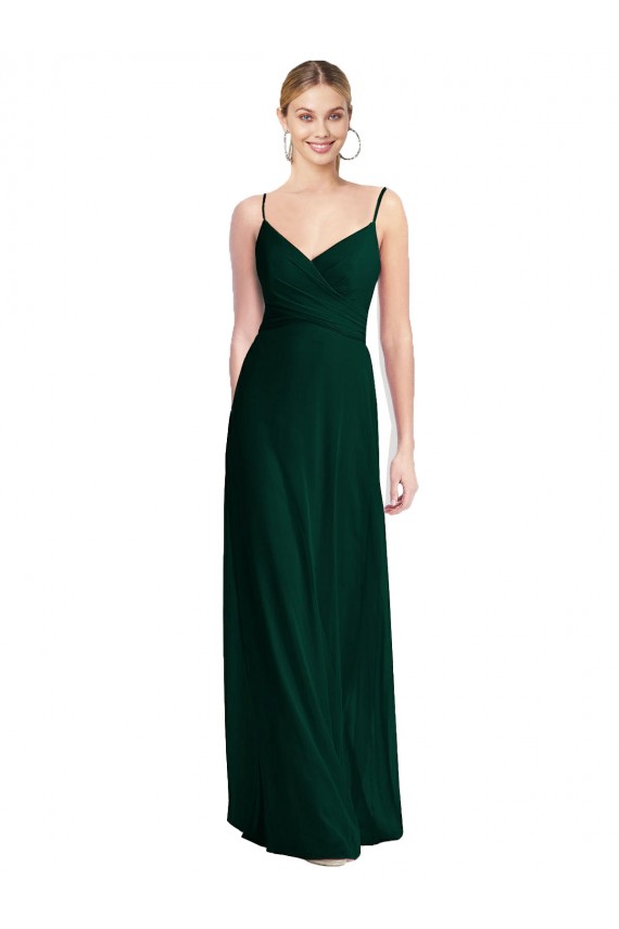 Evergreen línea A Tirantes espagueti Cuello en V Gasa Largo Vestidos de dama de honor Al Por Mayor