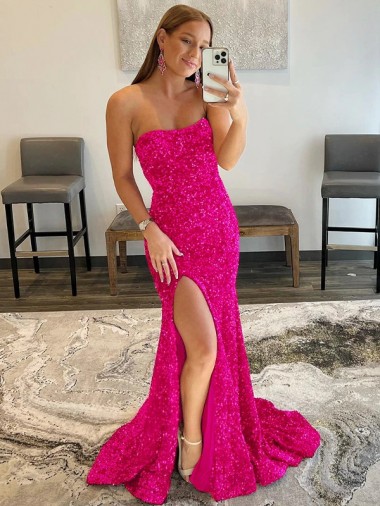 Fucsia Cubierta Sin tirantes Barrer tren Lentejuelas Terciopelo Largo Vestidos de fiesta Al Por Mayor