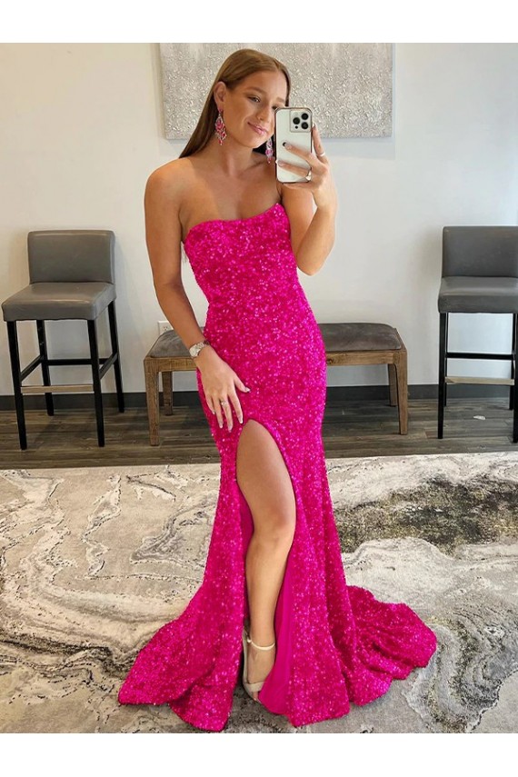 Fucsia Cubierta Sin tirantes Barrer tren Lentejuelas Terciopelo Largo Vestidos de fiesta Al Por Mayor