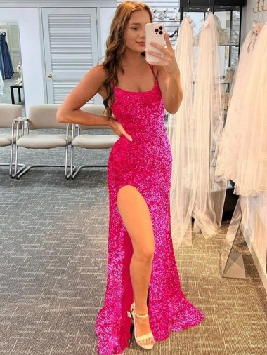 Fucsia Cubierta Tirantes espagueti Barrer tren Lentejuelas Terciopelo Largo Vestidos de fiesta Al Por Mayor