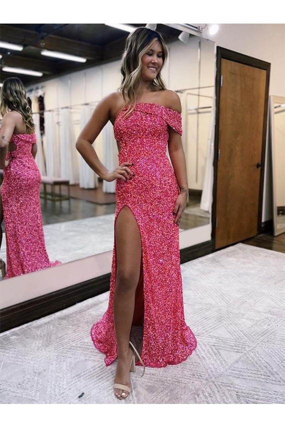 Fucsia Cubierta Un Hombre Barrer tren Lentejuelas Terciopelo Largo Vestidos de fiesta Al Por Mayor