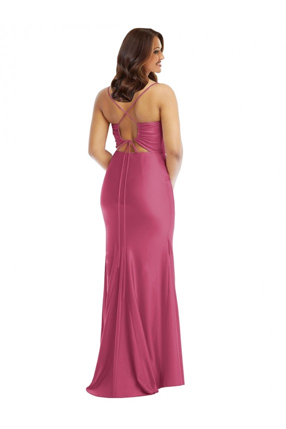 Fucsia Sirena Tirantes espagueti Satén sedoso Largo Formales Vestidos de dama de honor / Vestidos de fiesta Al Por Mayor
