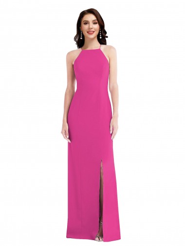 Fucsia Trompeta Halter Cuello Alto Crepé Elástico Largo Formales Vestidos de dama de honor / Vestidos de fiesta Al Por Mayor