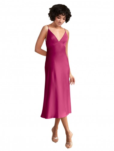 Fucsia línea A Cuello en V Midi Satén elástico Corto Formales Vestidos de dama de honor / Vestidos de fiesta / Vestidos de cóctel Al Por Mayor