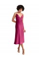 Fucsia línea A Cuello en V Midi Satén elástico Corto Formales Vestidos de dama de honor / Vestidos de fiesta / Vestidos de cóctel Al Por Mayor