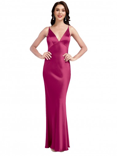 Fucsia línea A Tirantes espagueti Cuello en V Satén elástico Largo Formales Vestidos de dama de honor / Vestidos de fiesta Al Por Mayor