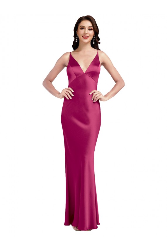 Fucsia línea A Tirantes espagueti Cuello en V Satén elástico Largo Formales Vestidos de dama de honor / Vestidos de fiesta Al Por Mayor