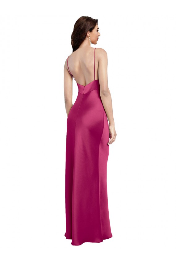 Fucsia línea A Tirantes espagueti Cuello en V Satén elástico Largo Formales Vestidos de dama de honor / Vestidos de fiesta Al Por Mayor