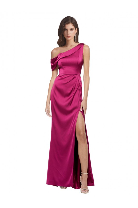 Fucsia línea A Un Hombre Satén elástico Largo Formales Vestidos de dama de honor / Vestidos de fiesta Al Por Mayor