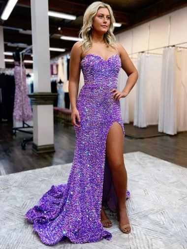 Lavanda línea A Cuello de Corazón Cola corte Lentejuelas Terciopelo Largo Vestidos de fiesta Al Por Mayor