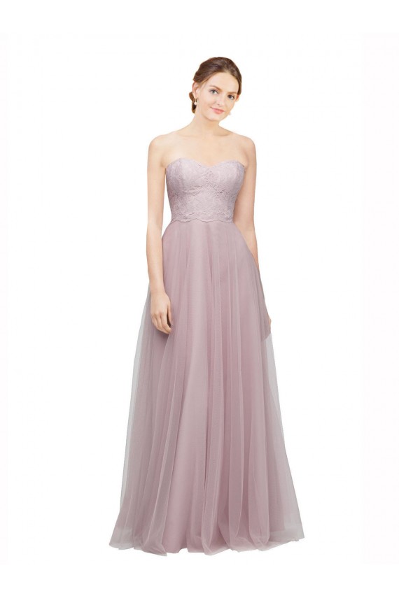 Light Lilac línea A Cuello de Corazón Tul Encaje Largo Vestidos de dama de honor Al Por Mayor