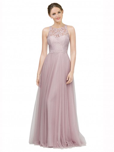Light Lilac línea A Cuello de Corazón Tul Encaje Largo Vestidos de dama de honor Al Por Mayor