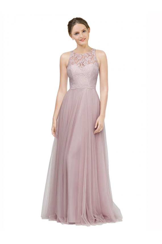 Light Lilac línea A Cuello de Corazón Tul Encaje Largo Vestidos de dama de honor Al Por Mayor