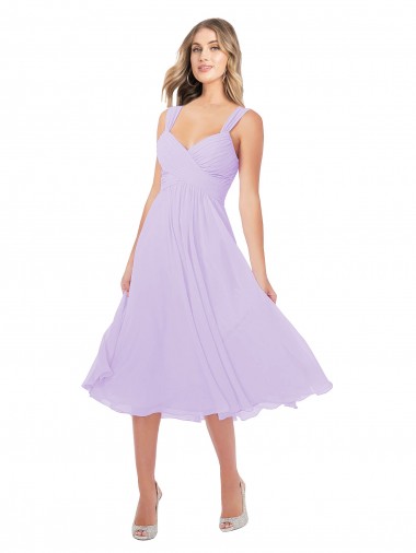 Lila línea A Cuello de Corazón Midi Gasa Corto Asimétrico Vestidos de dama de honor / Vestidos de cóctel / Vestidos para homecoming Al Por Mayor