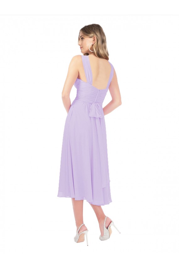 Lila línea A Cuello de Corazón Midi Gasa Corto Asimétrico Vestidos de dama de honor / Vestidos de cóctel / Vestidos para homecoming Al Por Mayor