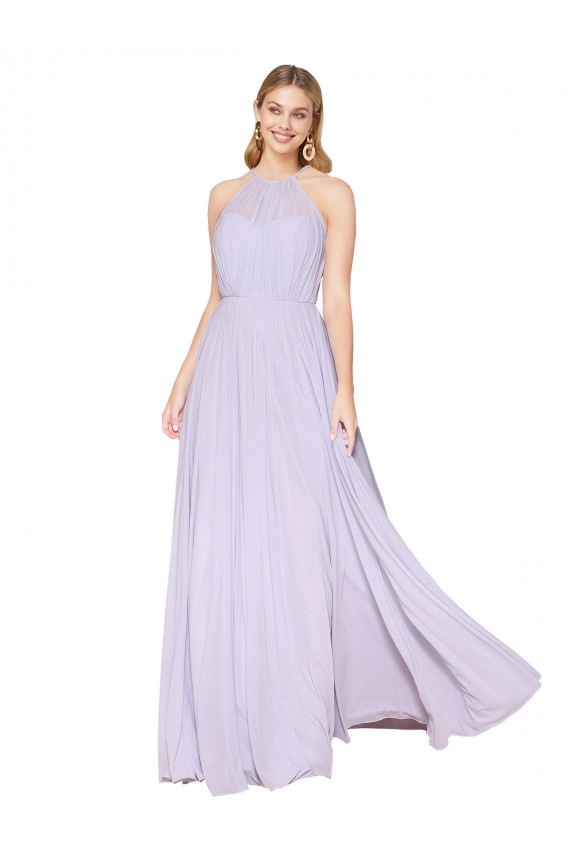 Lila línea A Halter Cuello Alto Gasa Largo Formales Vestidos de dama de honor / Vestidos de fiesta Al Por Mayor