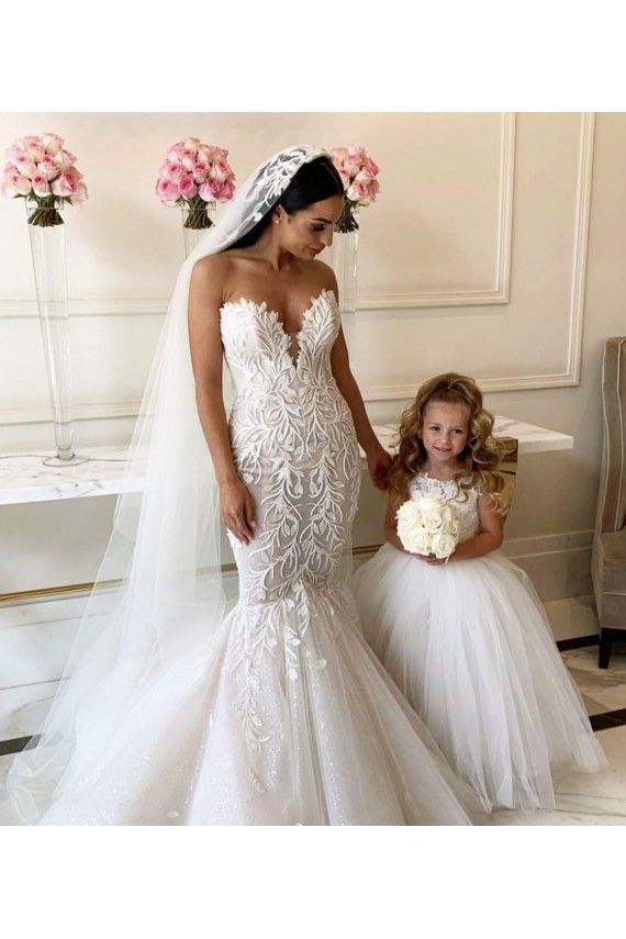 Marfil Barco Cola capilla Tul Encaje Largo vestidos de niña de las flores Al Por Mayor
