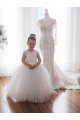 Marfil Barco Cola capilla Tul Encaje Largo vestidos de niña de las flores Al Por Mayor