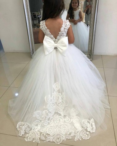 Marfil Barco Cola capilla Tul Encaje Largo vestidos de niña de las flores Al Por Mayor