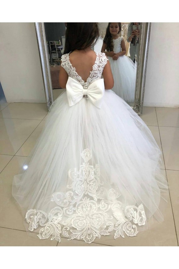 Marfil Barco Cola capilla Tul Encaje Largo vestidos de niña de las flores Al Por Mayor