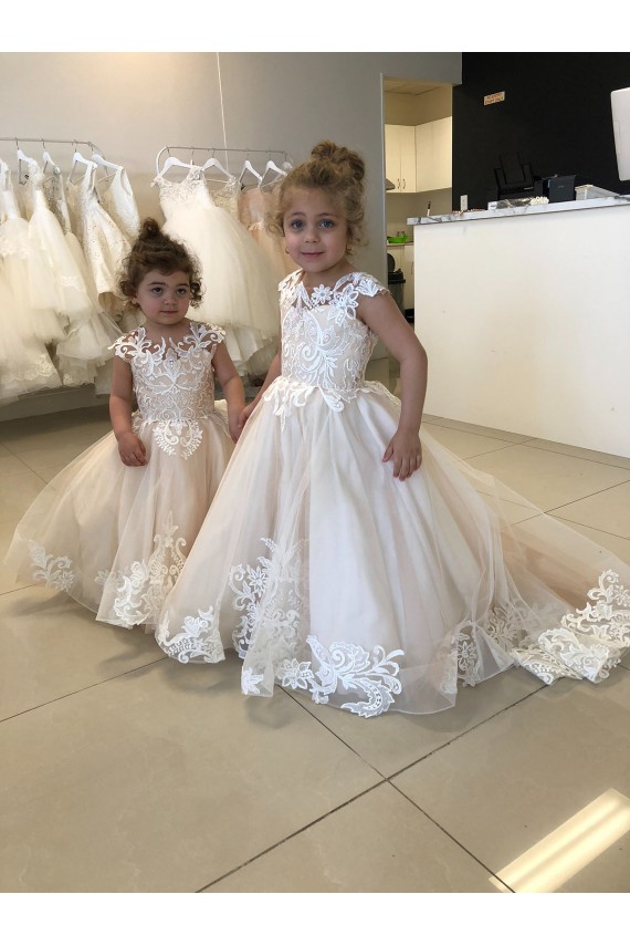 Marfil Barco Cola capilla Tul Encaje Largo vestidos de niña de las flores Al Por Mayor