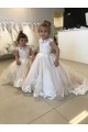 Marfil Barco Cola capilla Tul Encaje Largo vestidos de niña de las flores Al Por Mayor