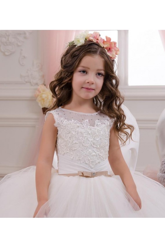 Marfil Barco Cola capilla Tul Encaje Largo vestidos de niña de las flores Al Por Mayor