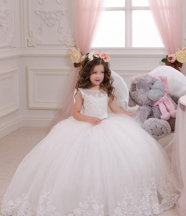 Marfil Barco Cola capilla Tul Encaje Largo vestidos de niña de las flores Al Por Mayor