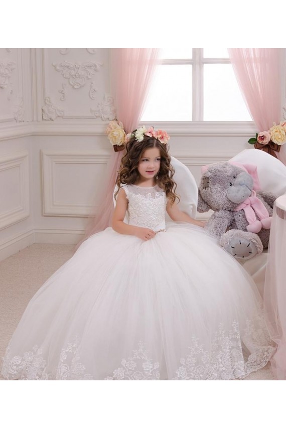 Marfil Barco Cola capilla Tul Encaje Largo vestidos de niña de las flores Al Por Mayor